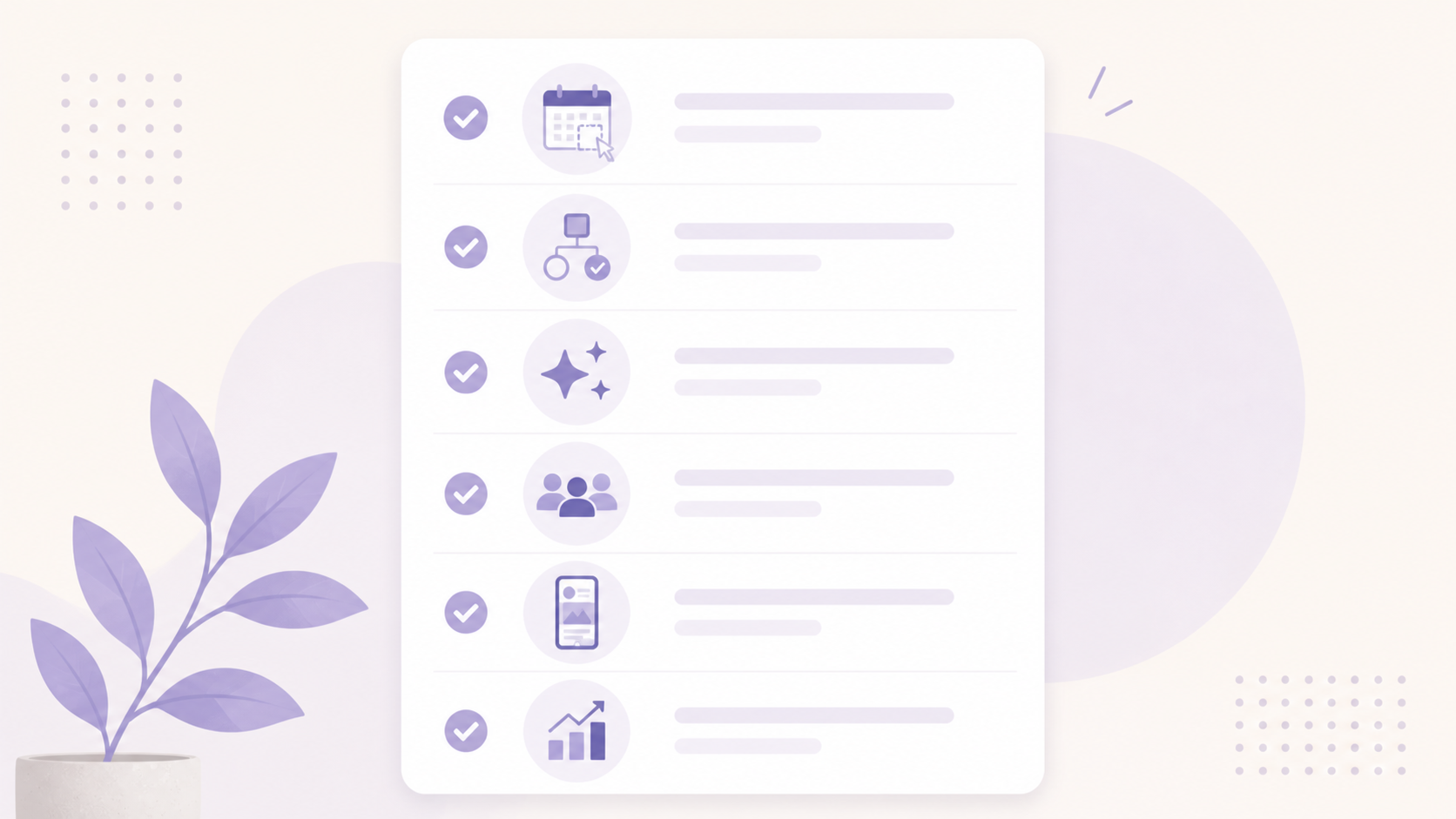 Editorial illustration showing content calendar feature checklist with icons for drag-and-drop, approvals, AI, multi-brand workspaces, and analytics