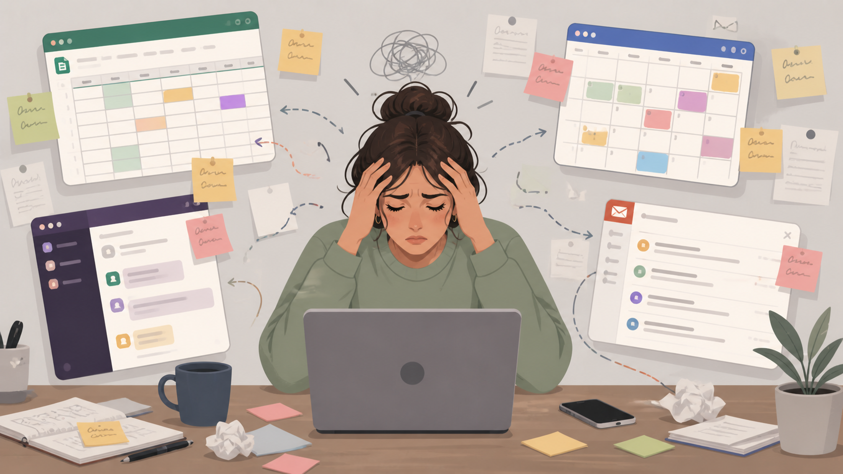 Editorial illustration showing the chaos of planning content across multiple disconnected tools and spreadsheets
