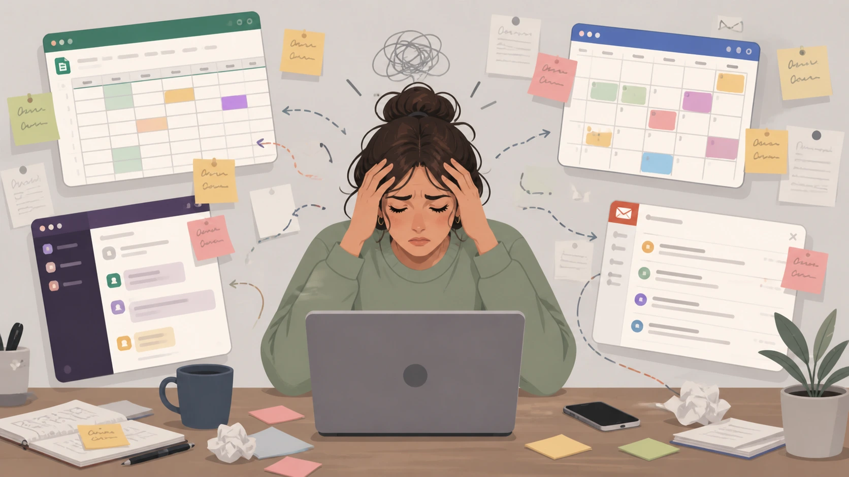 Editorial illustration showing the chaos of planning content across multiple disconnected tools and spreadsheets