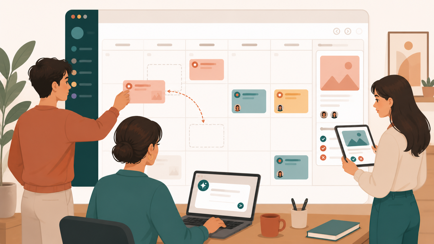 Editorial illustration of three teammates collaborating in a shared content calendar with approvals and AI