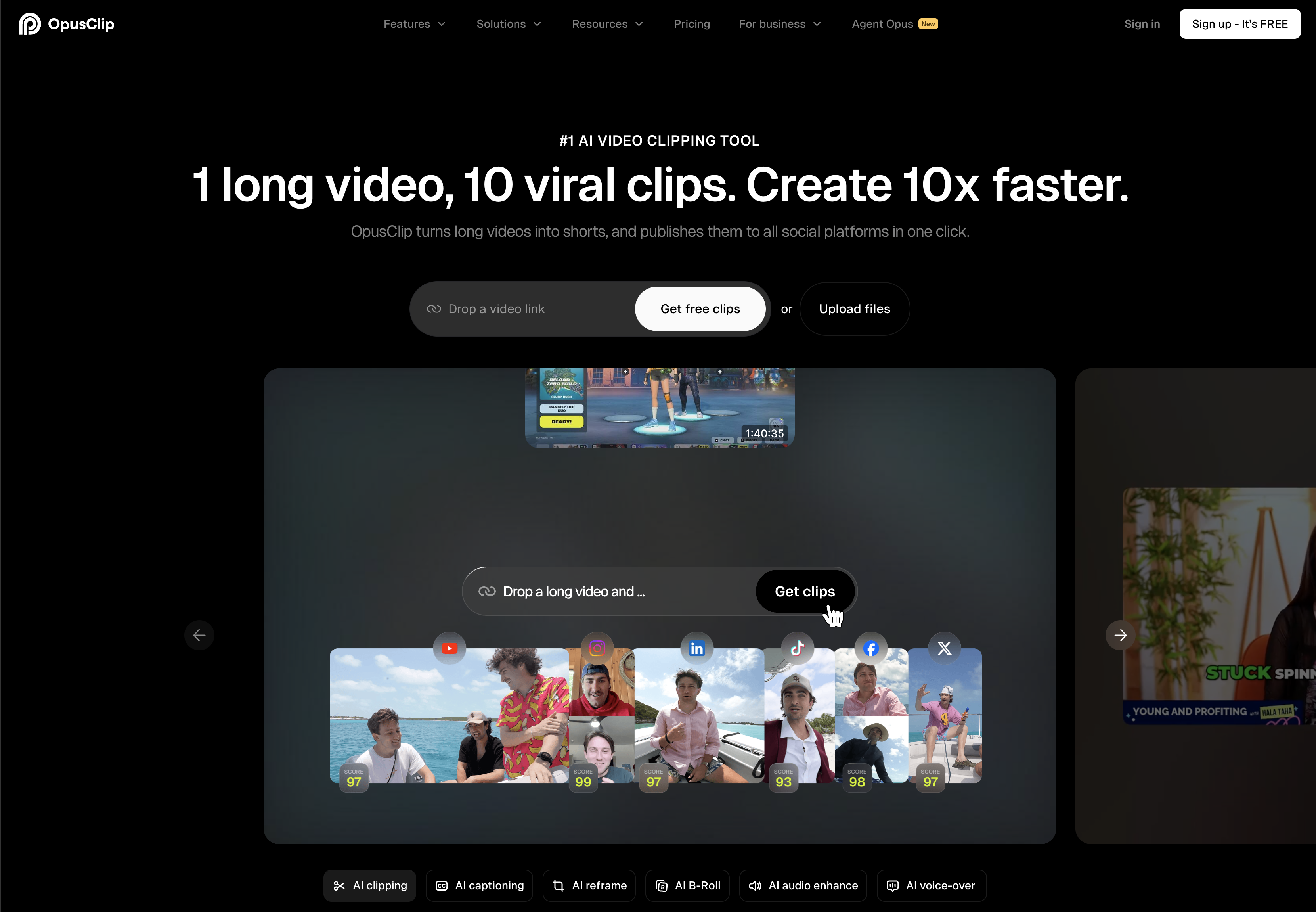 OpusClip AI video clipping tool dashboard with Virality Score and auto-captions