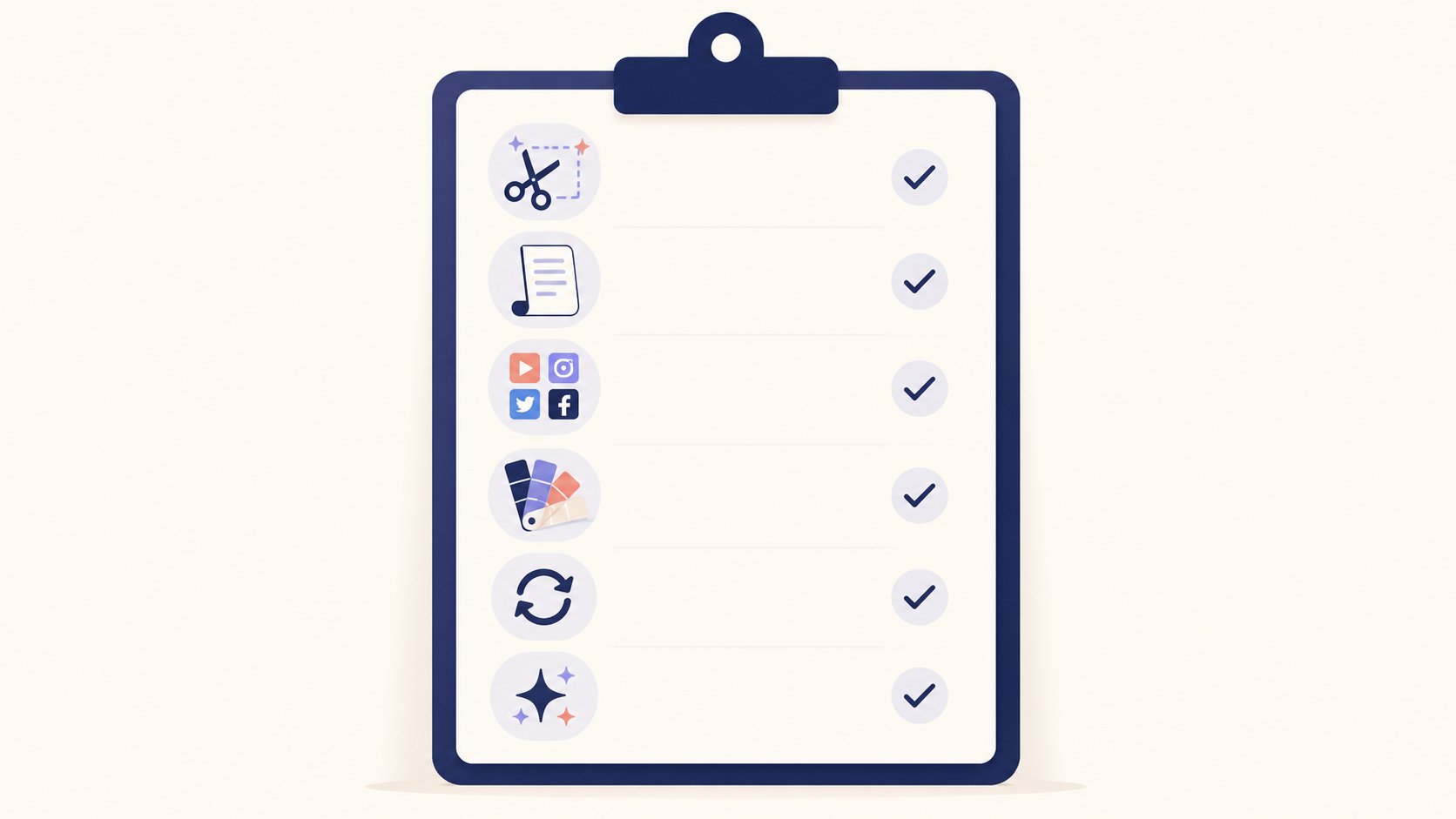 Editorial illustration of content repurposing feature checklist with icons for AI clipping, transcription, multi-platform distribution, and brand kit