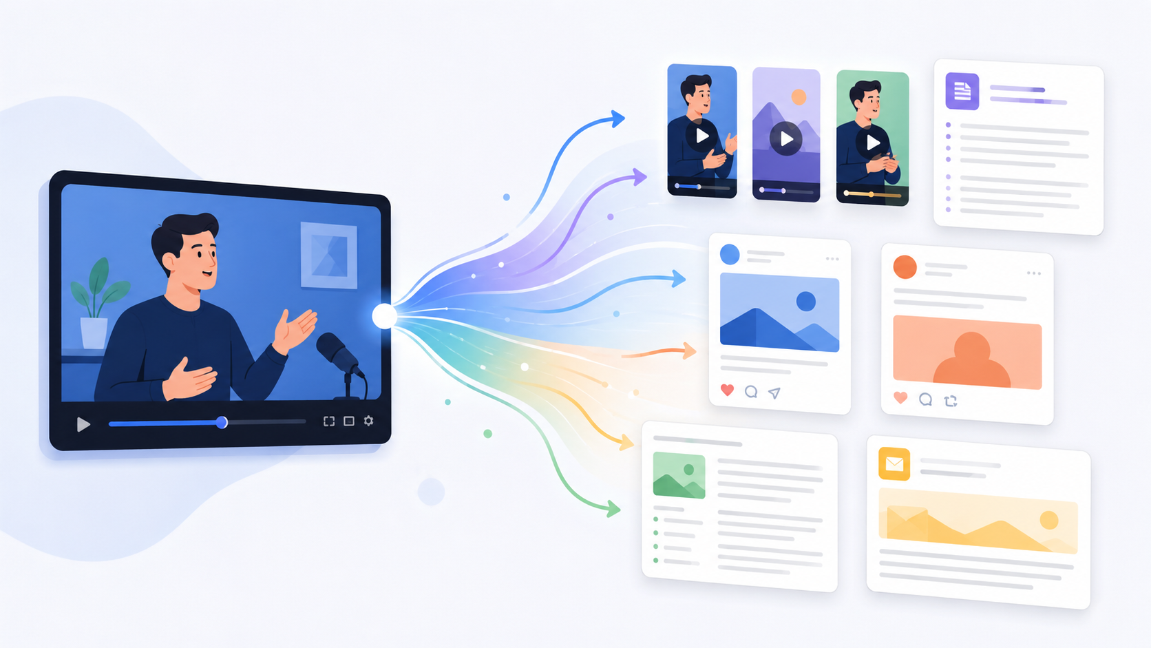 Editorial illustration of one source content piece transforming into multiple formats across platforms