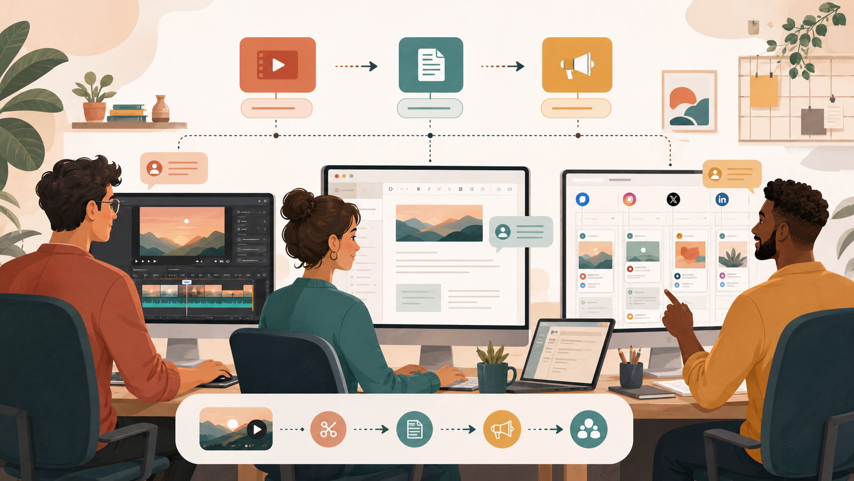 Editorial illustration of three teammates collaborating on repurposed content across formats