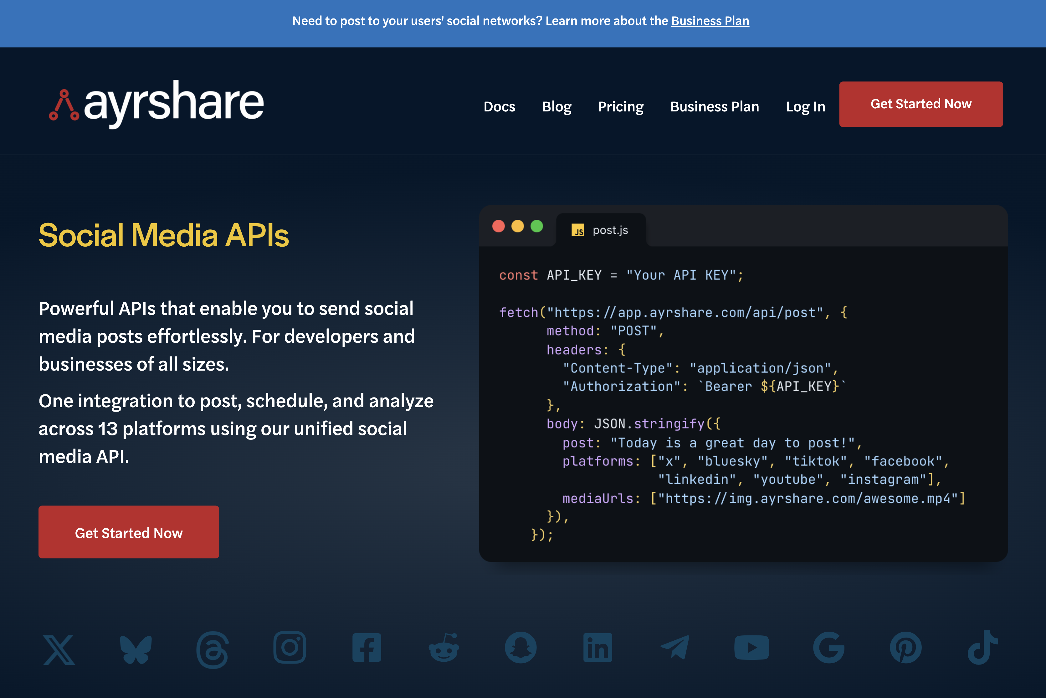Ayrshare MCP server dashboard and API overview