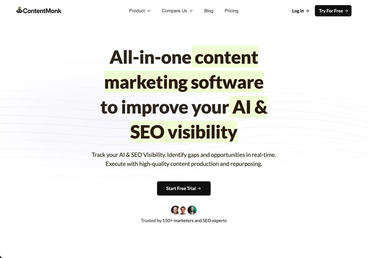 ContentMonk homepage, B2B content platform with AI-visibility tracking across ChatGPT and Perplexity