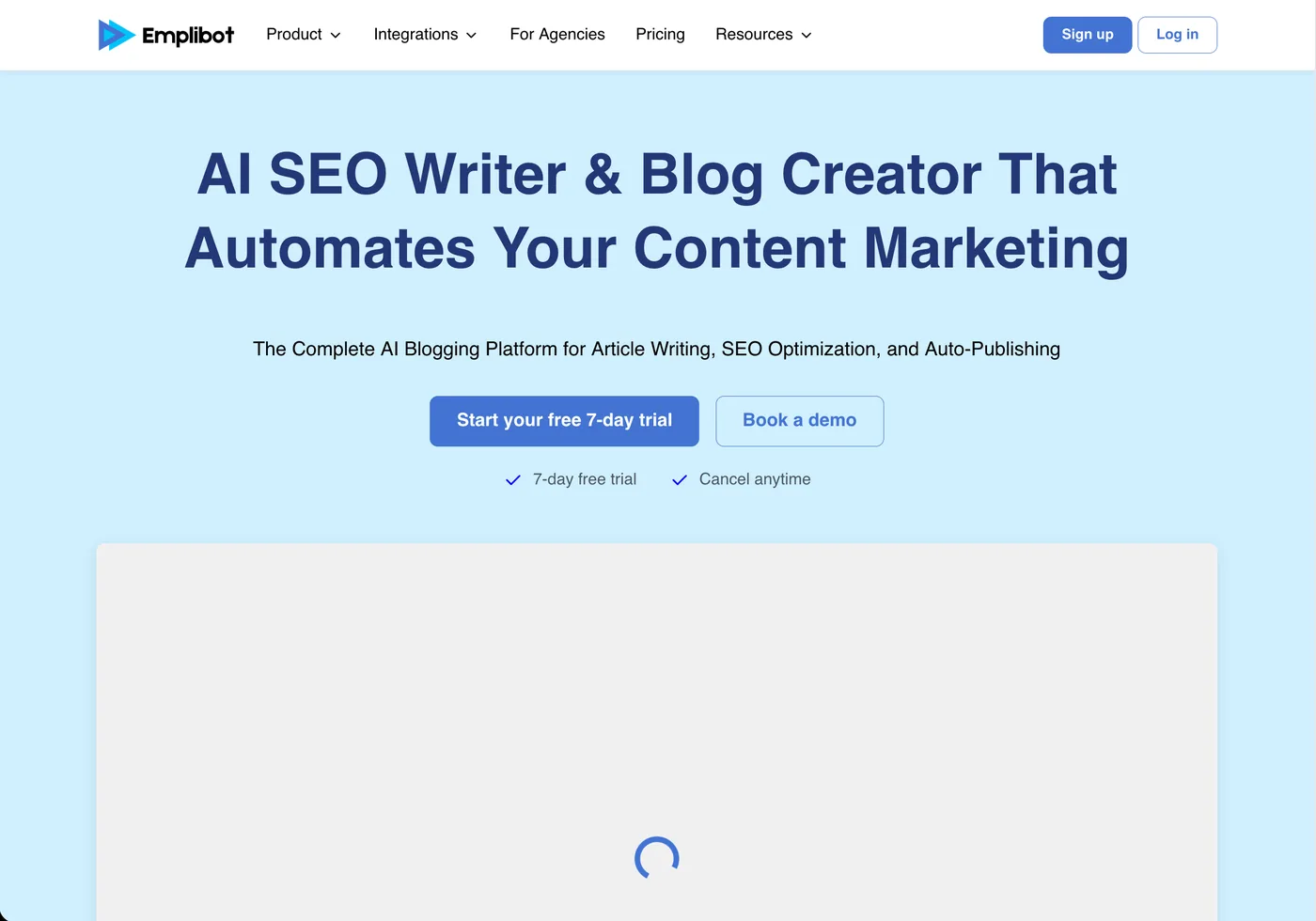 Emplibot homepage, WordPress autoblogging with social media distribution