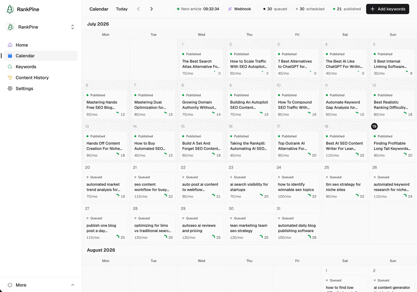 RankPine content calendar scheduling a month of SEO articles on autopilot