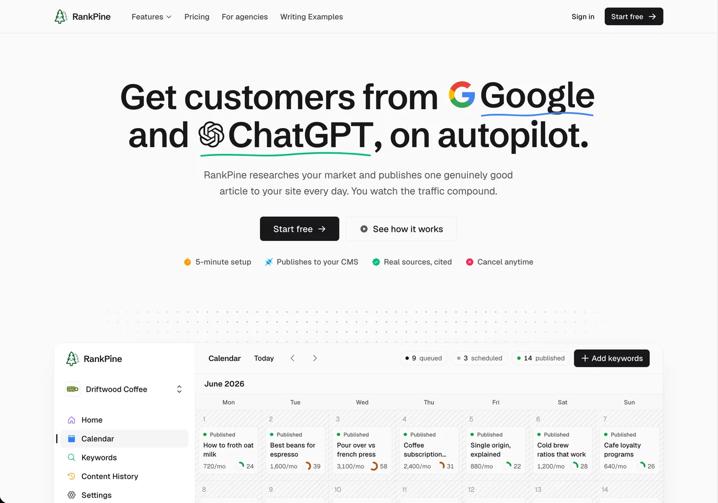 RankPine homepage, get customers from Google and ChatGPT on autopilot
