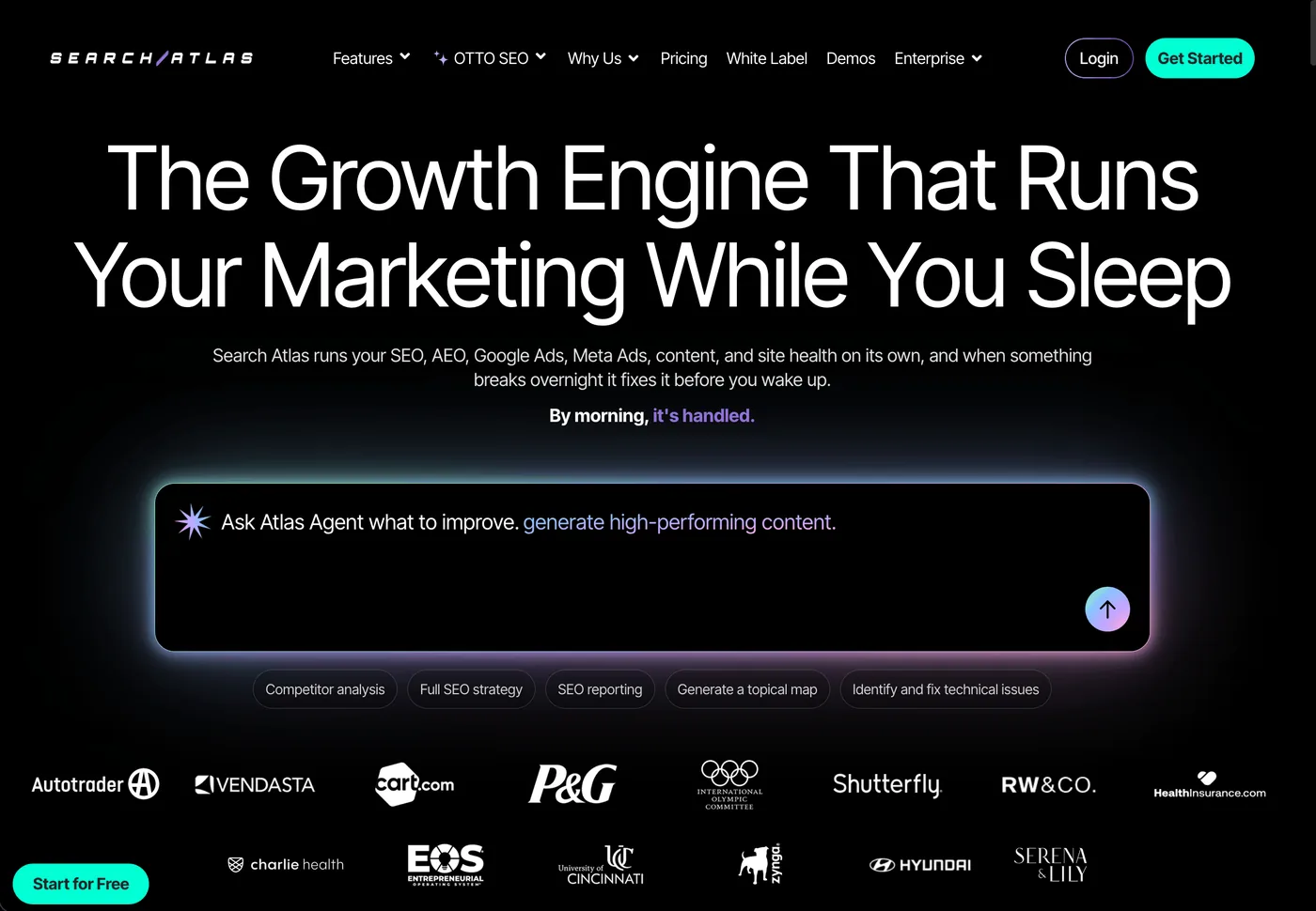 Search Atlas OTTO homepage, SEO automation covering content, technical fixes, and link building