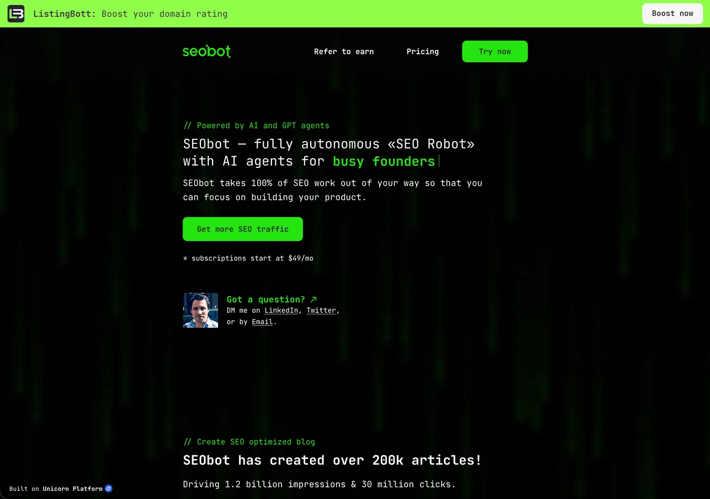 SEObot homepage, budget SEO autopilot tool starting at $19 a month