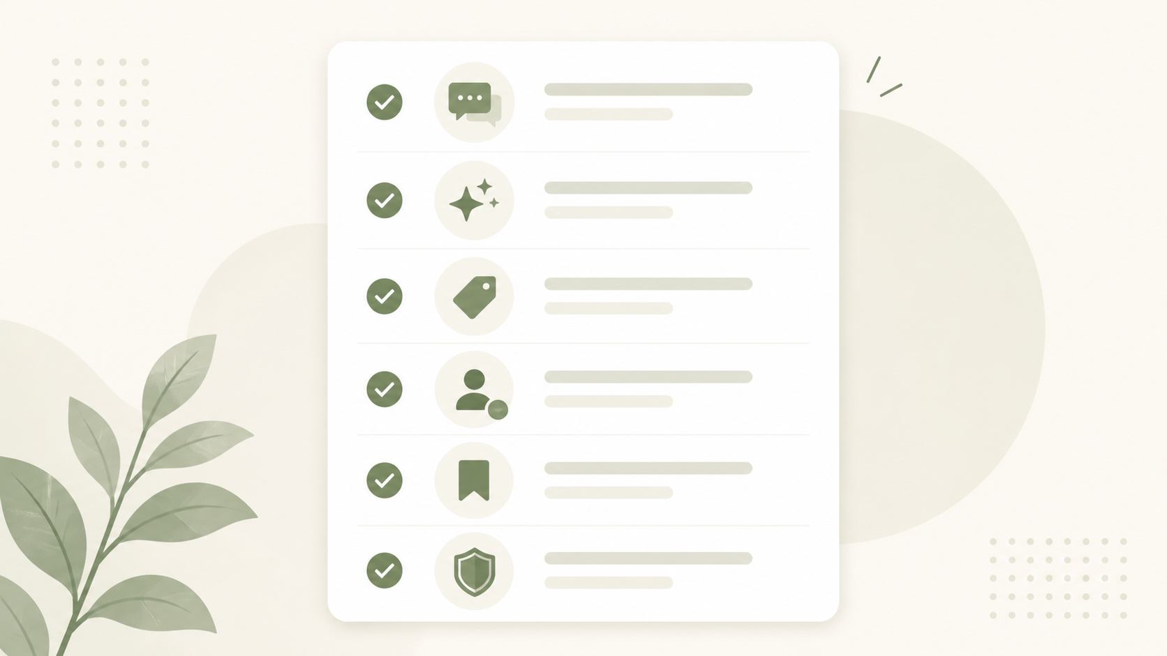 Editorial illustration of inbox feature checklist with icons for AI reply, labels, assignment, saved replies, and moderation