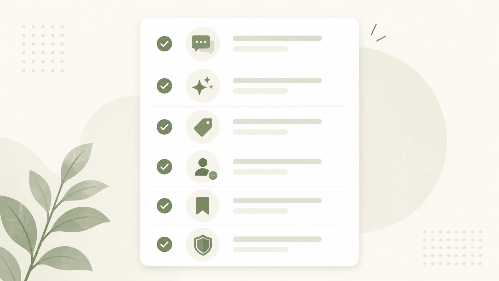 Editorial illustration of inbox feature checklist with icons for AI reply, labels, assignment, saved replies, and moderation