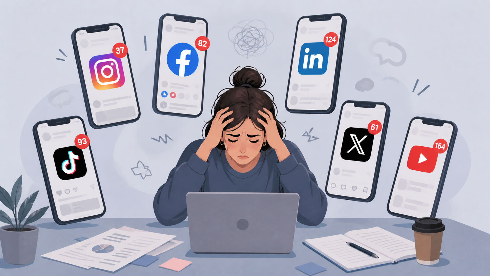 Frustrated social media manager surrounded by multiple platform notification screens showing fragmented inbox alerts