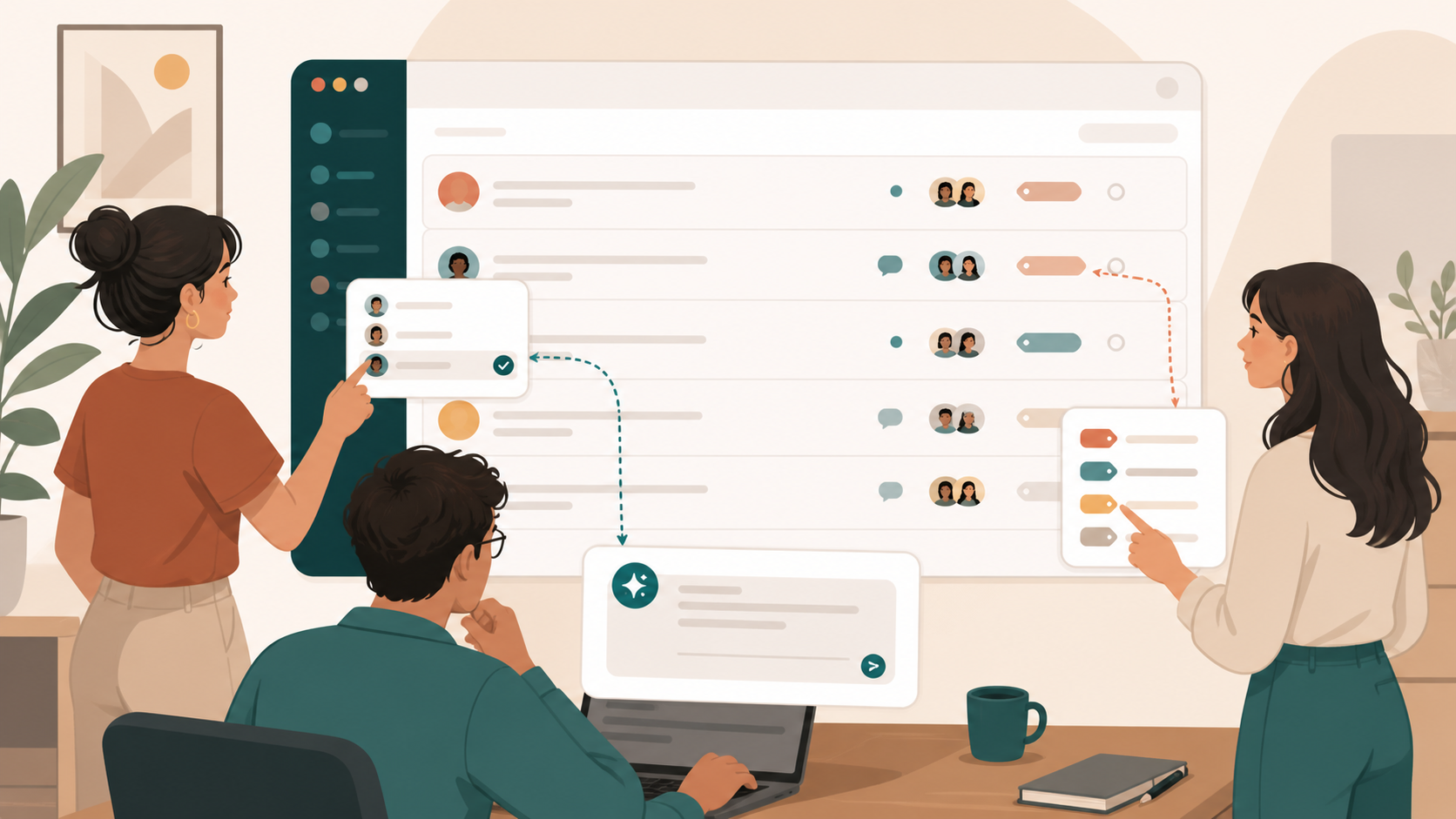 Editorial illustration of three teammates collaborating in a shared social inbox dashboard with assignments and AI replies