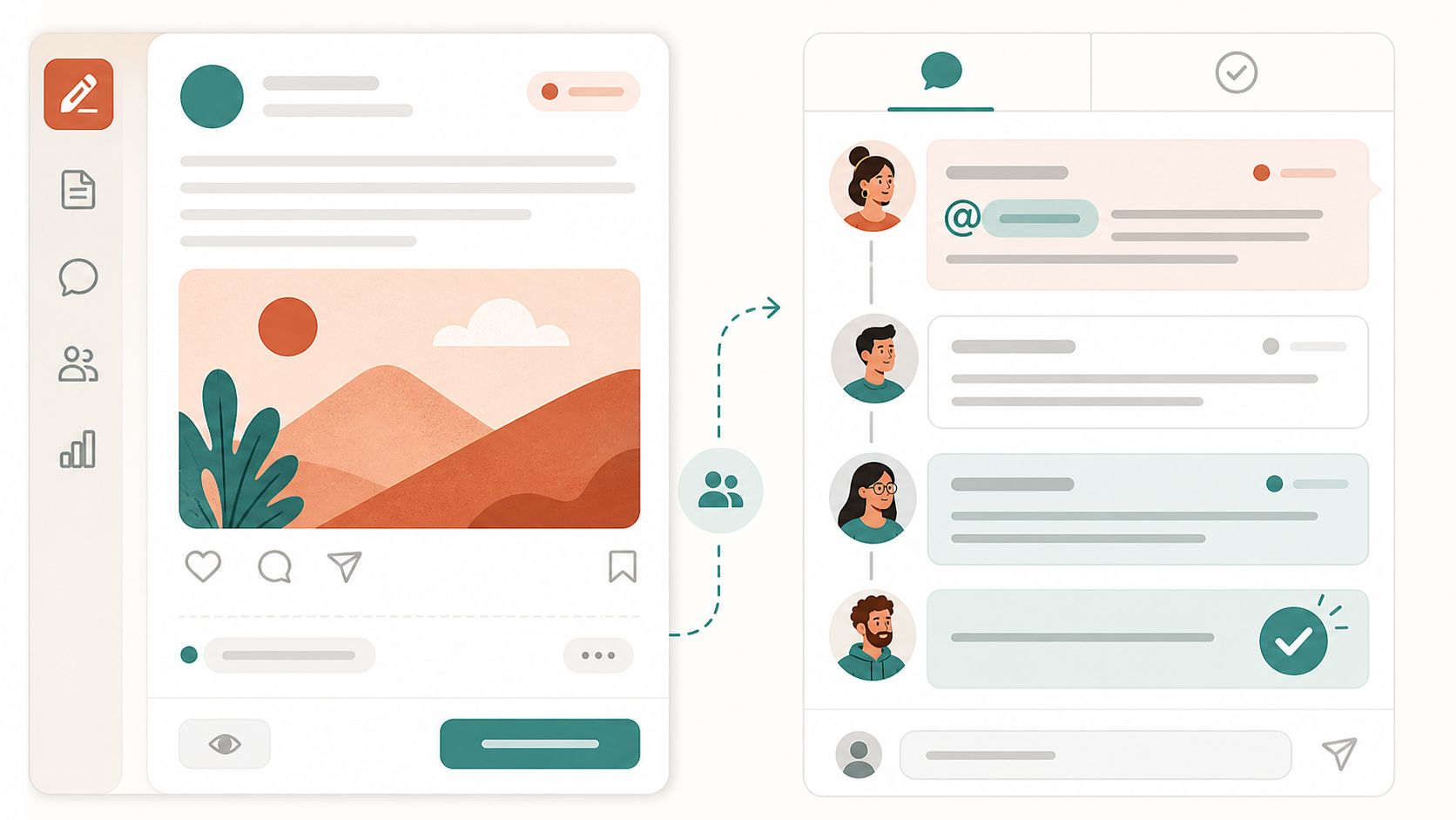 Editorial illustration of collaboration feature checklist with comments, @mentions, approvals, audit trail icons