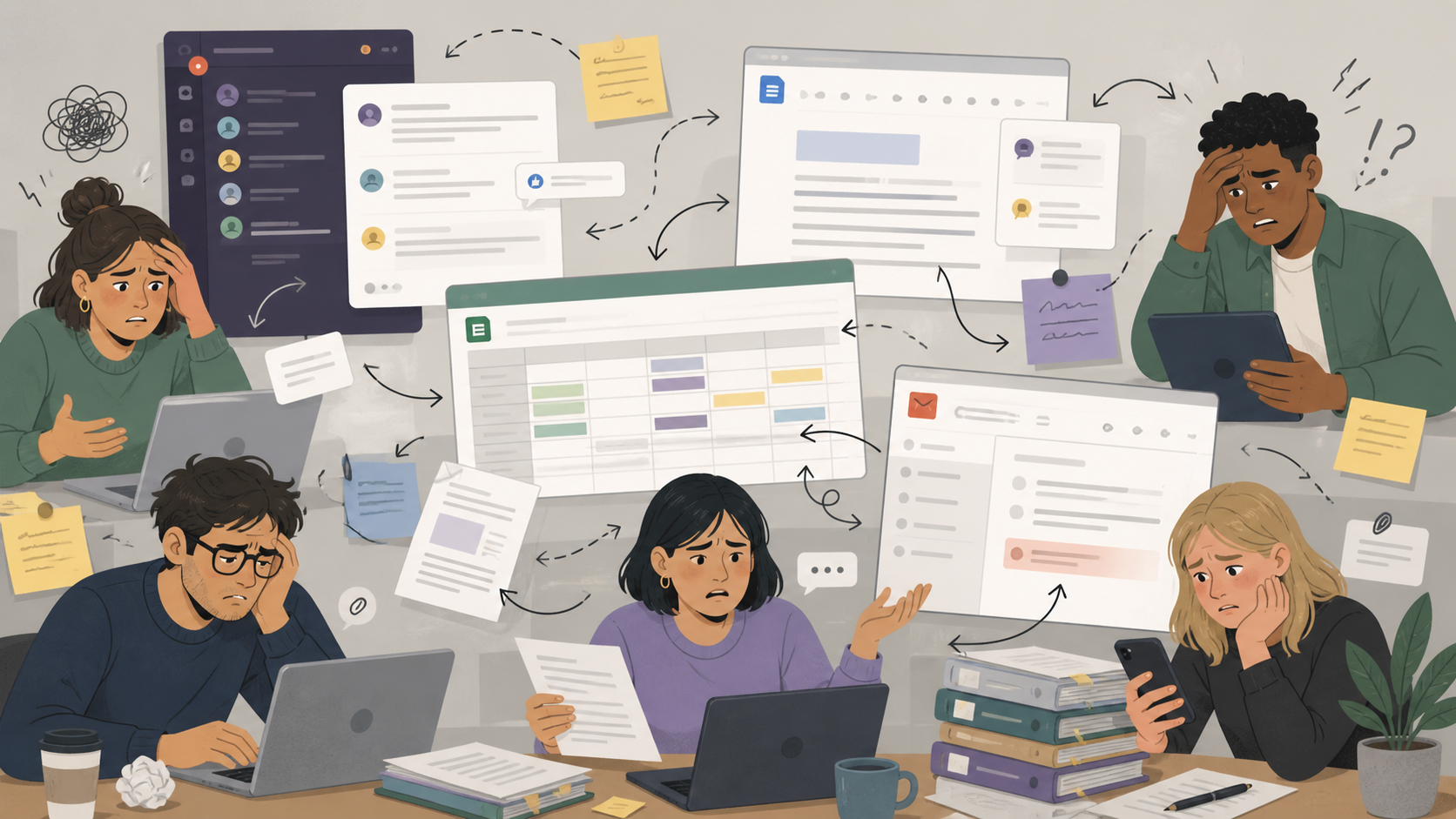 Editorial illustration of fragmented review loops across Slack, email, Google Docs, and spreadsheets