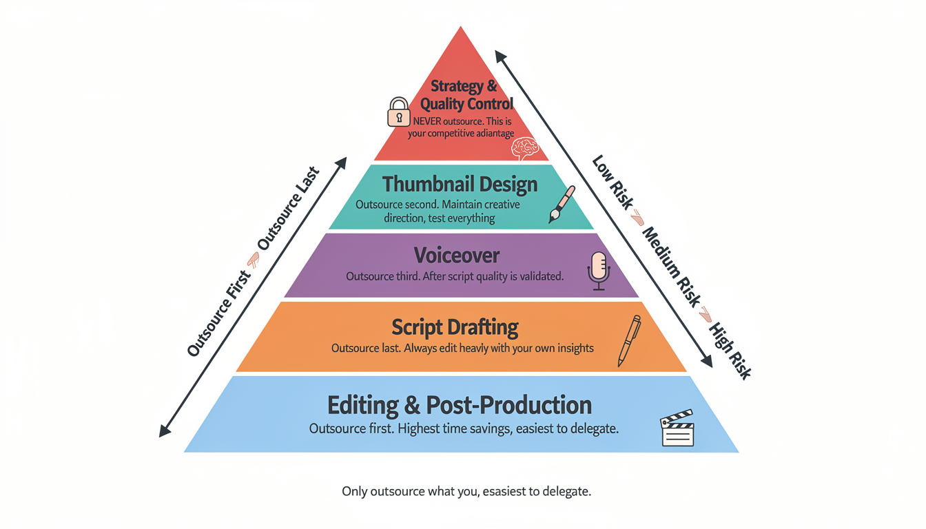 Pyramid diagram showing the YouTube automation scaling hierarchy: what to outsource first at the bottom, what to keep in-house at the top