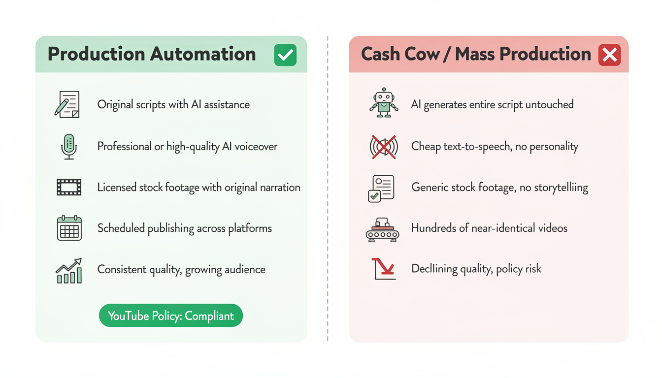 Comparison diagram showing the two types of YouTube automation: legitimate production automation versus low-quality cash cow channels, with examples and outcomes for each