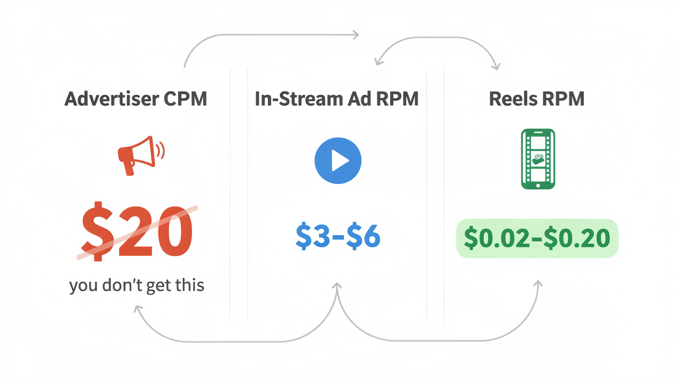 Infographic explaining the three different Facebook payment types that cause data confusion: Advertiser CPM, In-Stream Ad RPM, and Reels Content Monetization RPM.