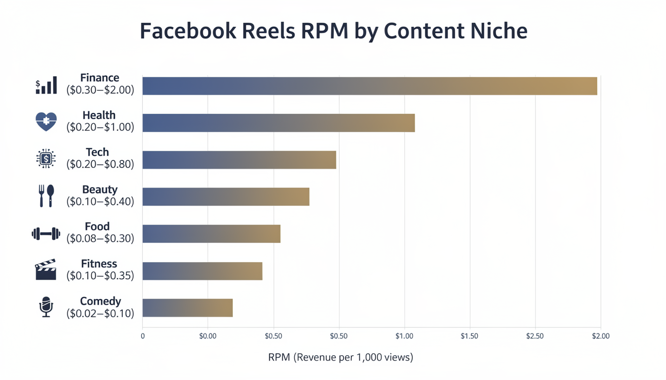Bar chart showing Facebook Reels RPM by content niche, ranging from finance at the top to general entertainment at the bottom.