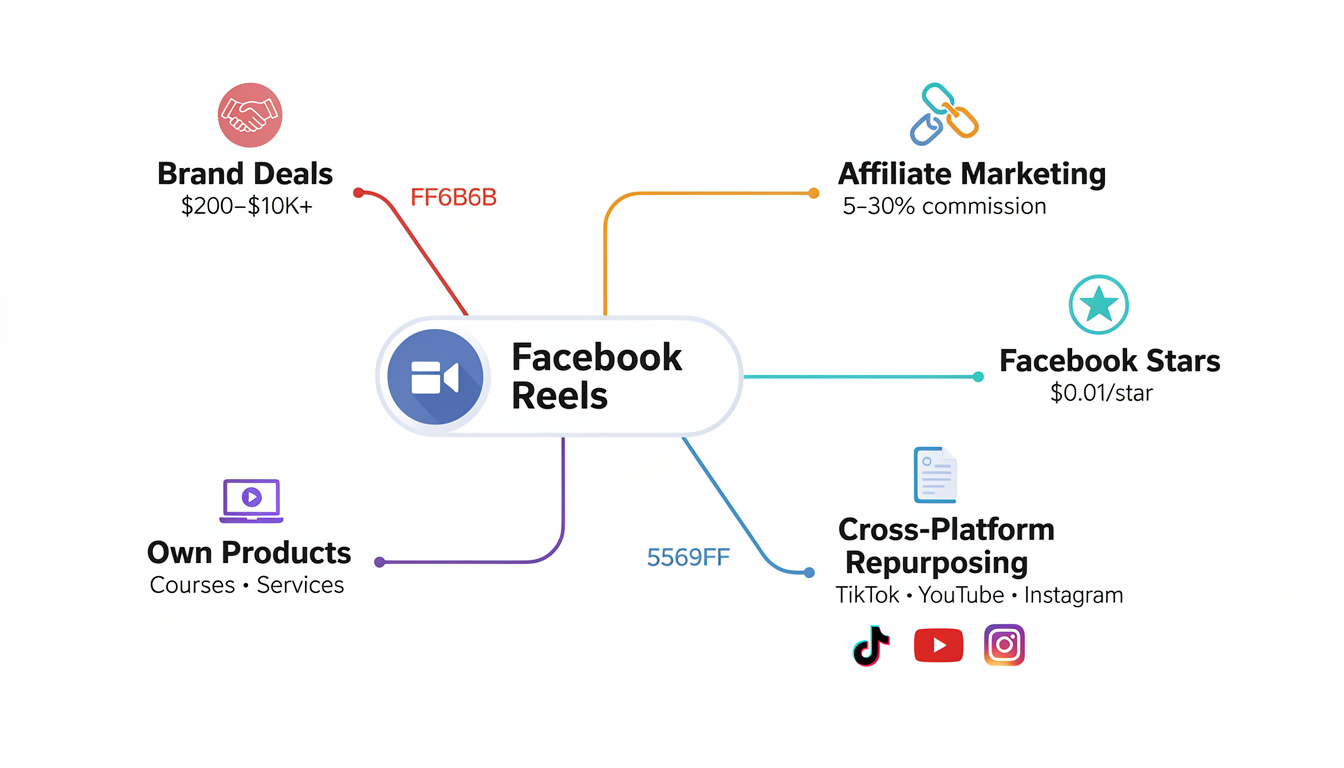 Diagram showing five monetization paths beyond direct Facebook Reels payouts: brand deals, affiliate marketing, Facebook Stars, cross-platform repurposing, and product sales.
