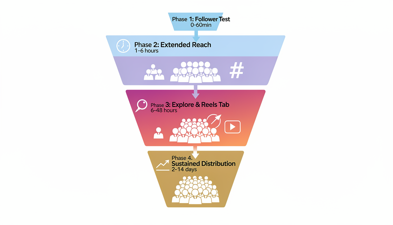Funnel diagram showing Instagram's 4-phase content distribution process from initial follower test to Explore page and sustained viral reach