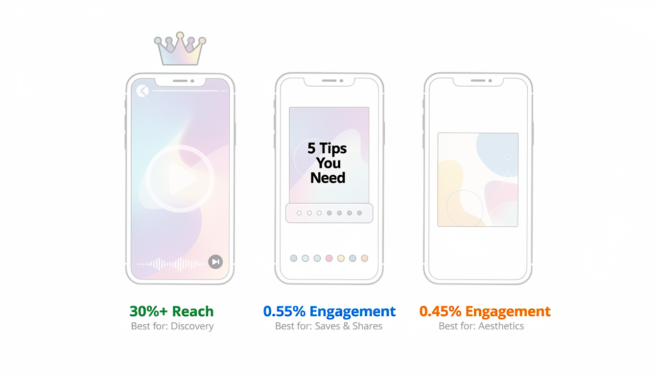 Comparison chart showing Instagram Reels vs Carousels vs Static Posts with engagement rates and reach statistics for 2026