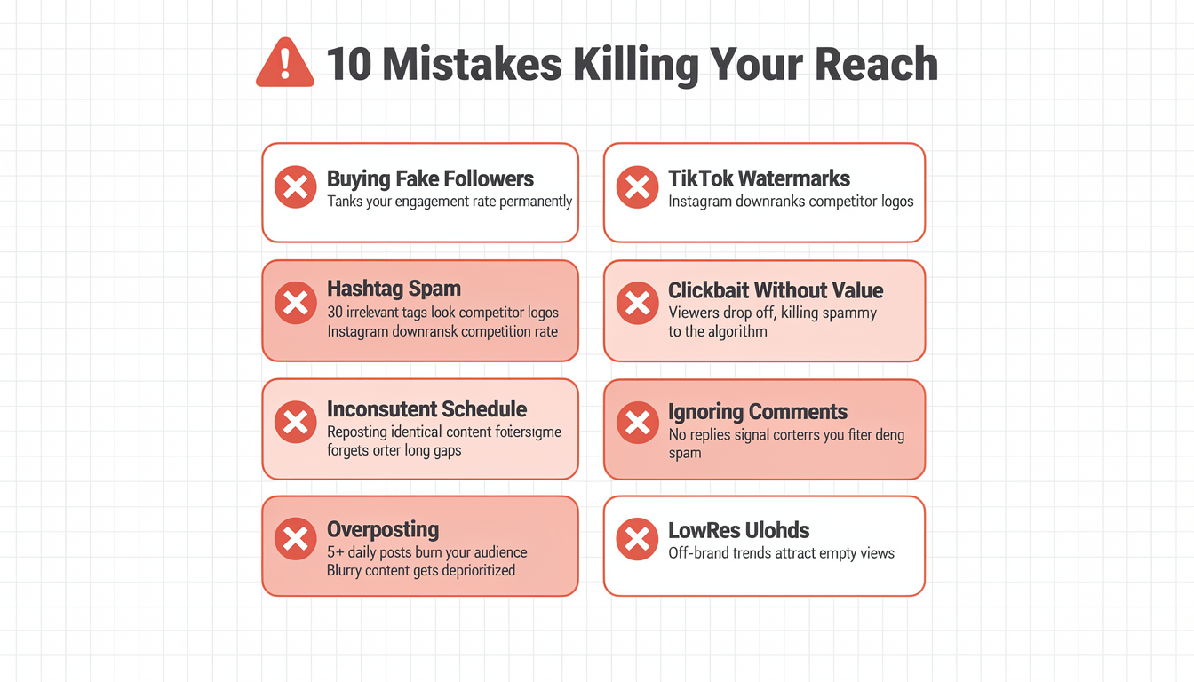 Infographic showing the top 10 Instagram mistakes that prevent content from going viral, including watermarks, fake followers, and hashtag spam
