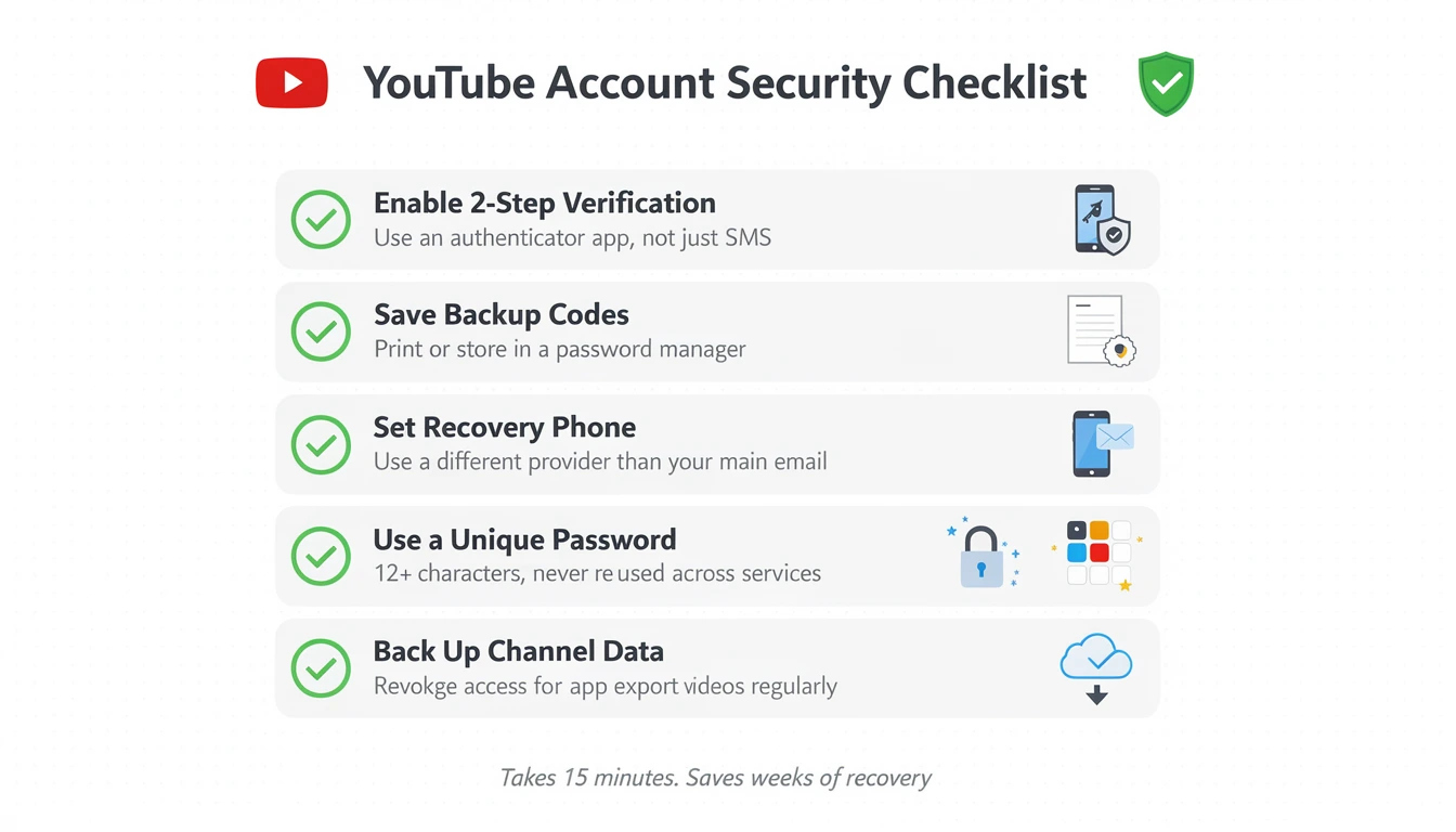 Security checklist infographic showing the 7 essential steps to protect your YouTube account from hacking, lockouts, and termination