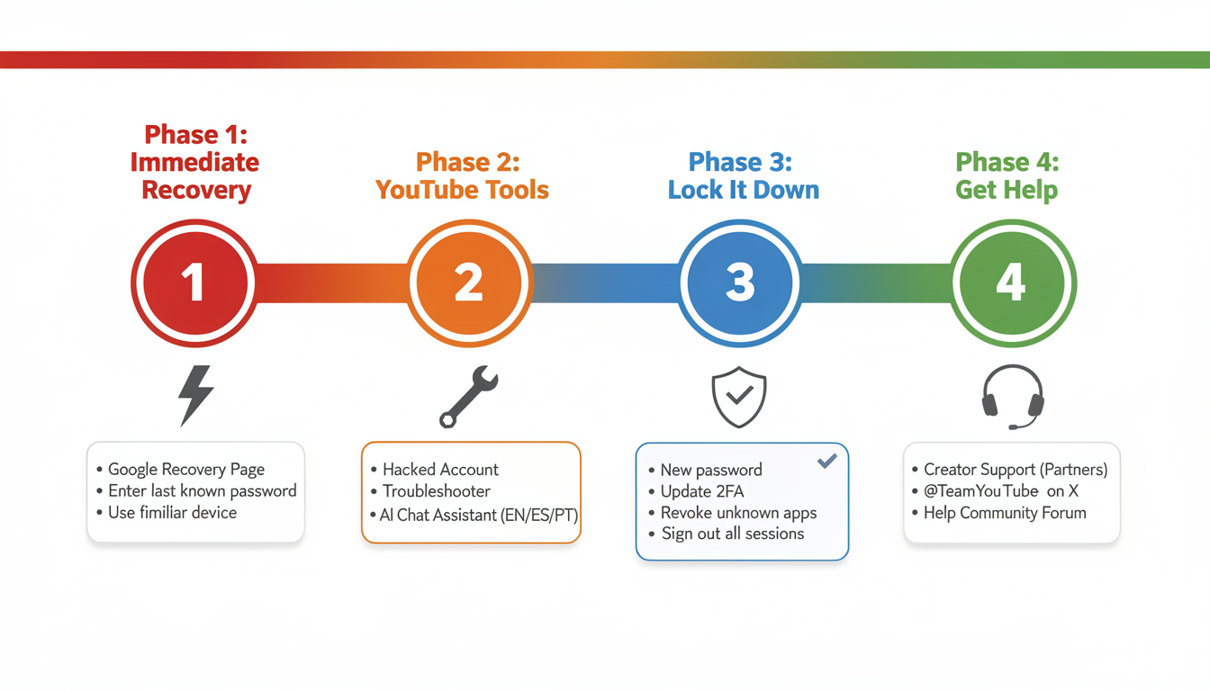 Step-by-step visual guide showing the 4-phase process to recover a hacked YouTube account: immediate recovery, YouTube's hacked assistant, security hardening, and support escalation