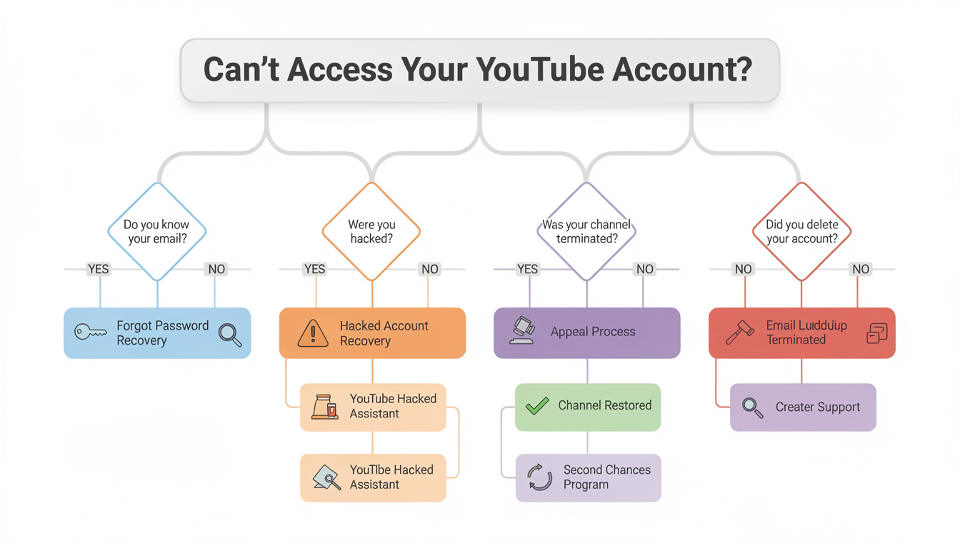 Decision flowchart showing which YouTube account recovery path to follow based on whether you forgot your password, lost 2FA access, were hacked, or had your channel terminated