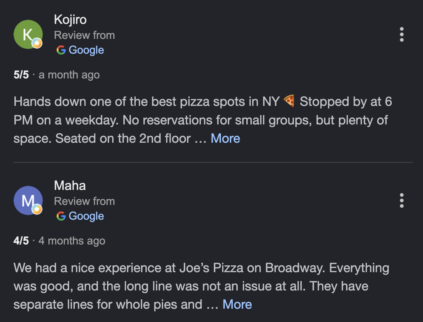 Two Google reviews on a pizza restaurant's Business Profile, showing the reviewer name, star rating and review text that a business reply appears under