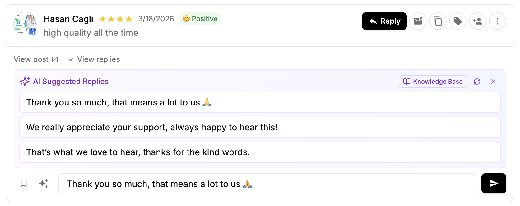 PostPlanify social inbox showing a 4-star Google review with three AI suggested replies and a reply box ready to edit before sending