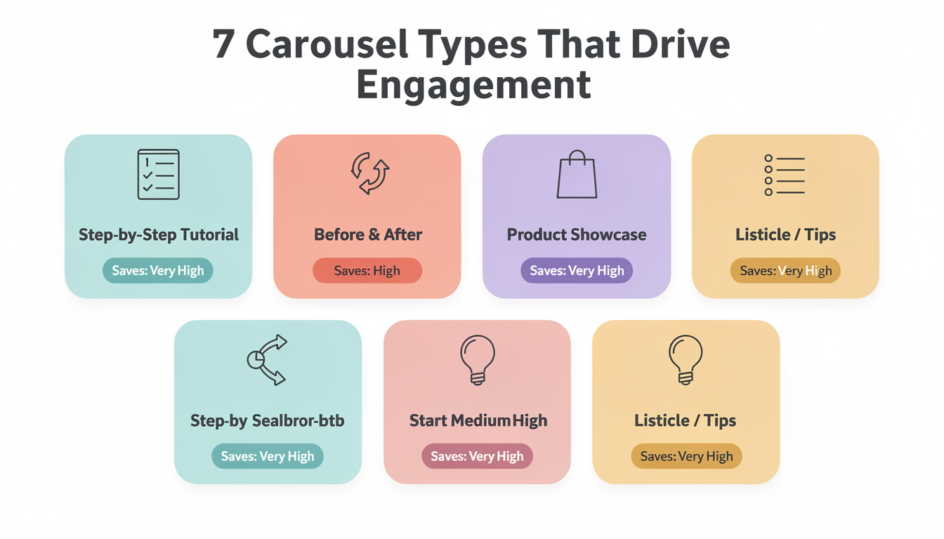 Seven types of high-performing Instagram carousel posts with examples showing tutorials, before and after, product showcases, listicles, behind the scenes, user-generated content, and data visualizations