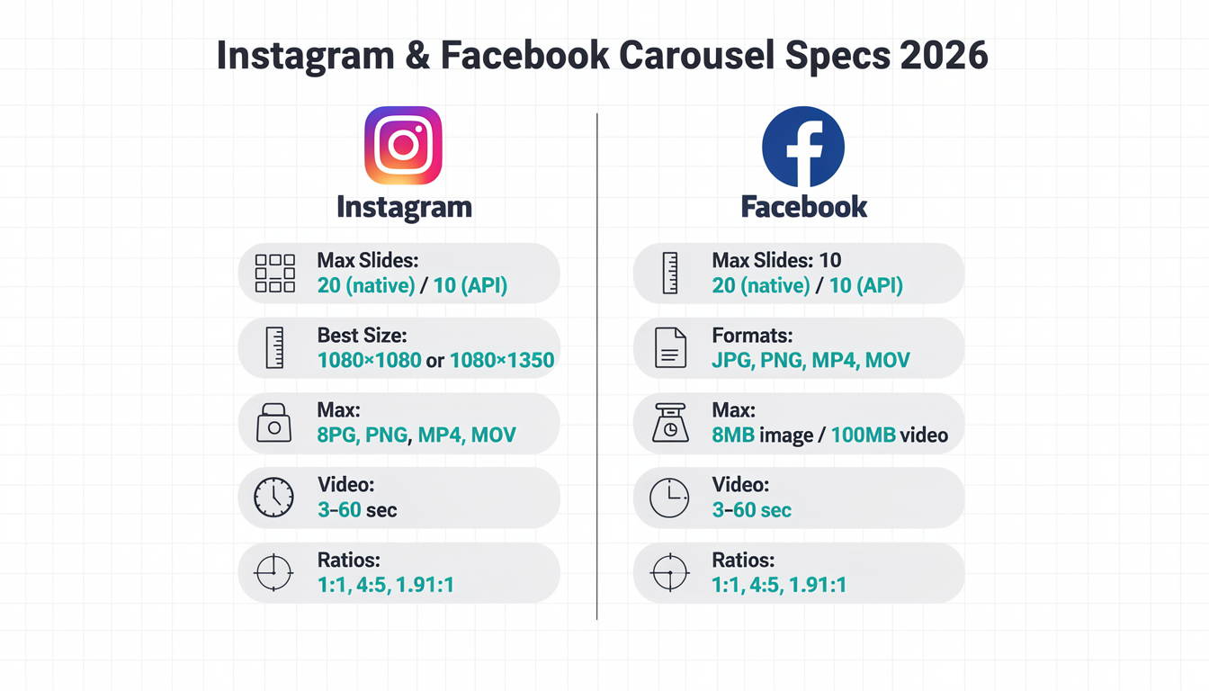 Instagram and Facebook carousel post specifications reference showing dimensions, file sizes, and format requirements for 2026