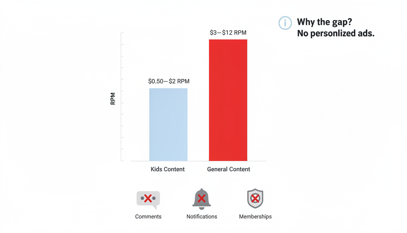 Bar chart comparing YouTube ad revenue for Made for Kids content versus general content, showing the significant earnings gap caused by disabled personalized ads.