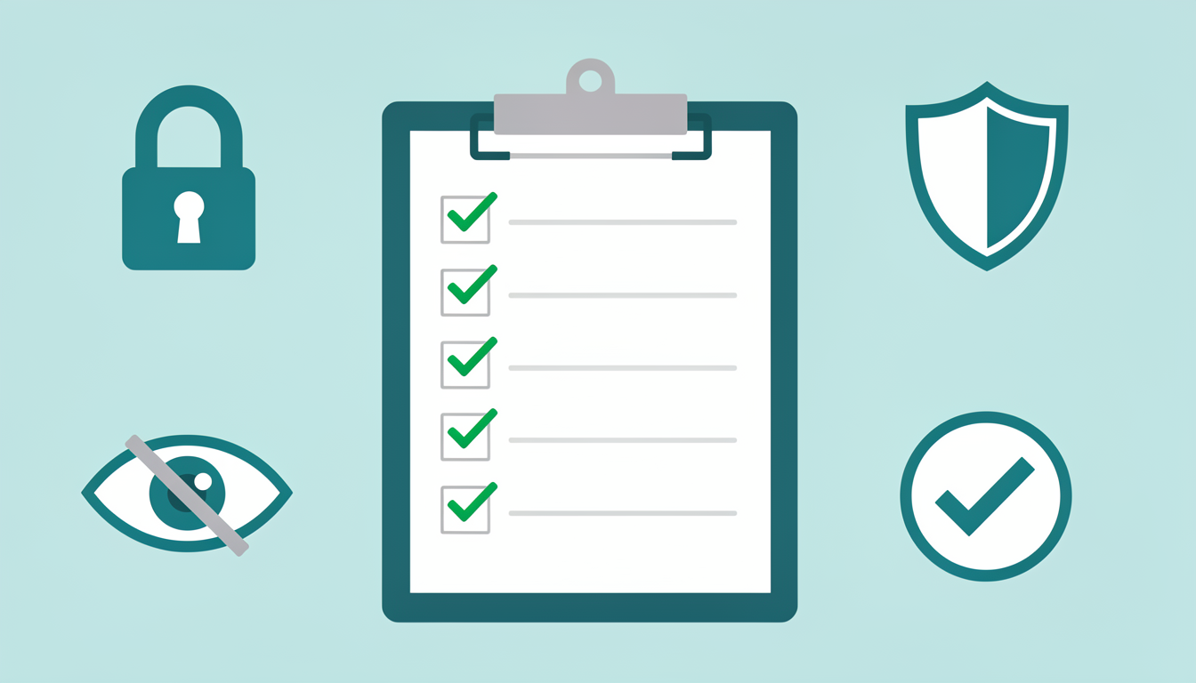A clipboard with a safety checklist surrounded by privacy and security icons — a padlock, shield, and checkmark.
