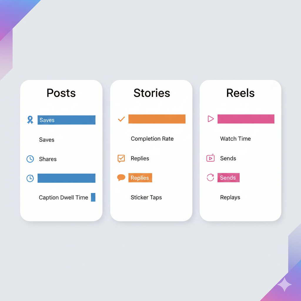 Data visualization comparing algorithm ranking signals for Instagram Posts, Stories, and Reels — showing saves and caption dwell time for Posts, completion rate and replies for Stories, and watch time and sends for Reels