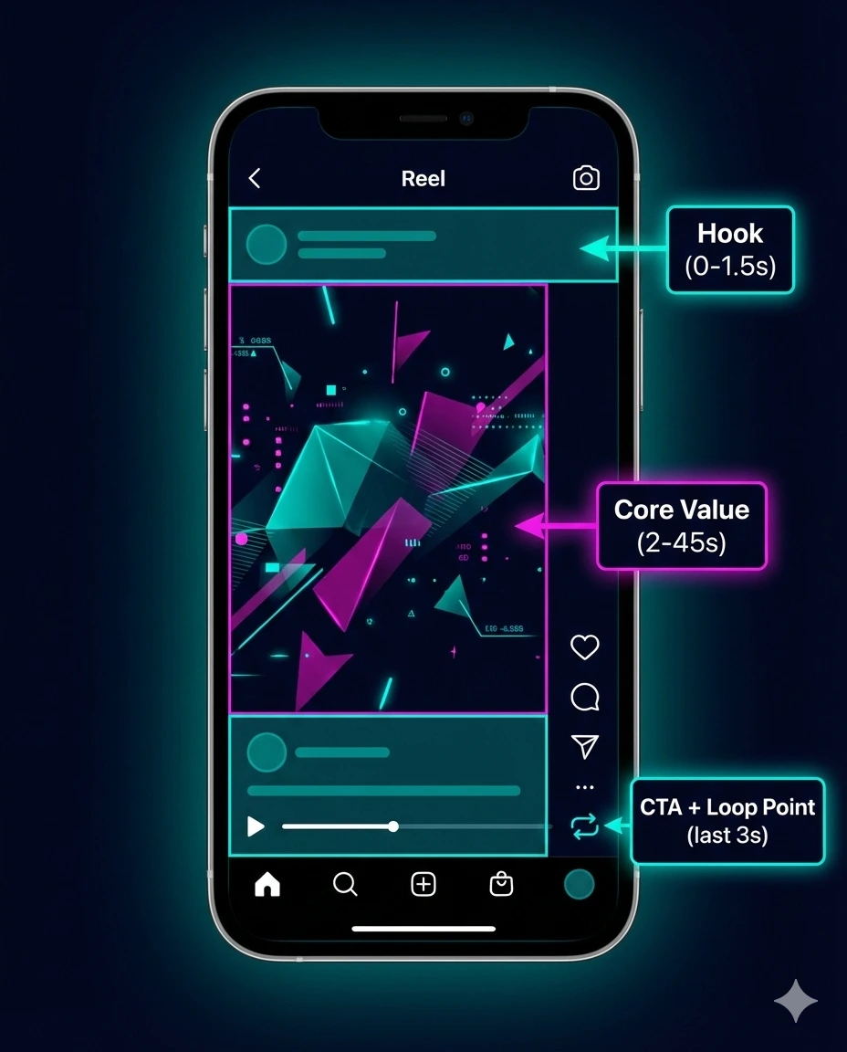 Annotated diagram of an Instagram Reel showing the ideal structure: Hook zone in the first 1.5 seconds, Core Value delivery in the middle, and CTA with loop point in the final 3 seconds