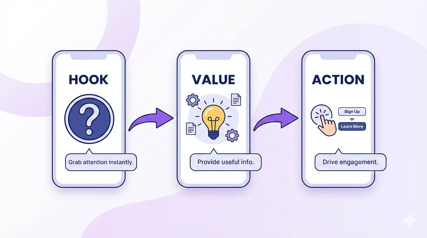 Infographic showing a 3-step Instagram Story sequence framework: Hook slide with a bold question, Context slides with value delivery, and Action slide with a poll sticker and CTA