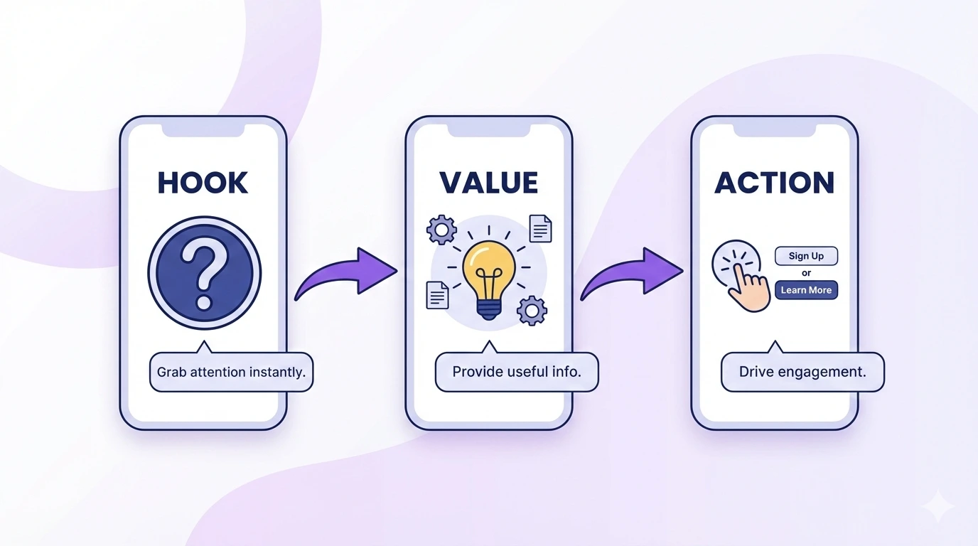 Infographic showing a 3-step Instagram Story sequence framework: Hook slide with a bold question, Context slides with value delivery, and Action slide with a poll sticker and CTA