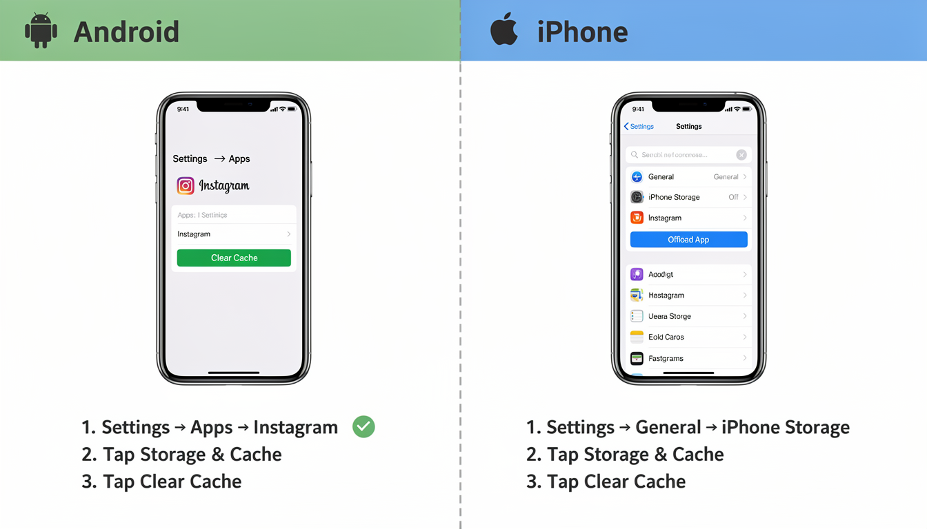 Side-by-side instructions showing how to clear Instagram cache on Android through app settings versus reinstalling on iPhone since iOS has no cache clear option