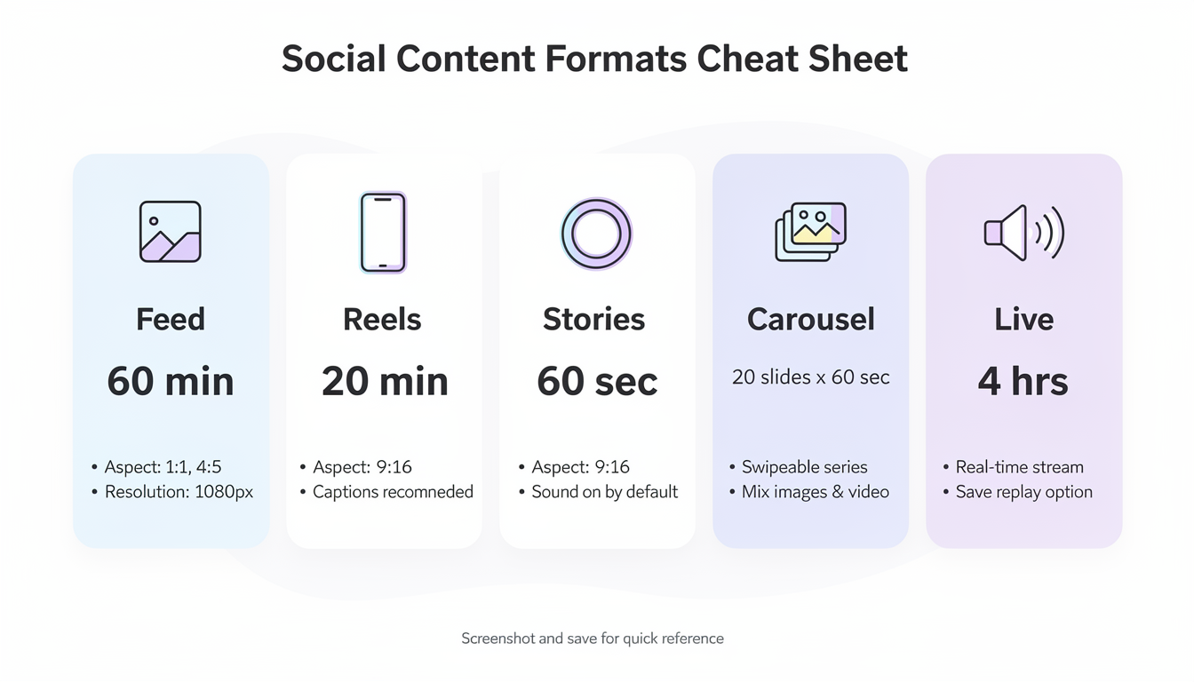 Infographic showing Instagram's video length limits for all five formats — Feed posts, Reels, Stories, Carousel, and Live — with maximum duration and key specs for each.