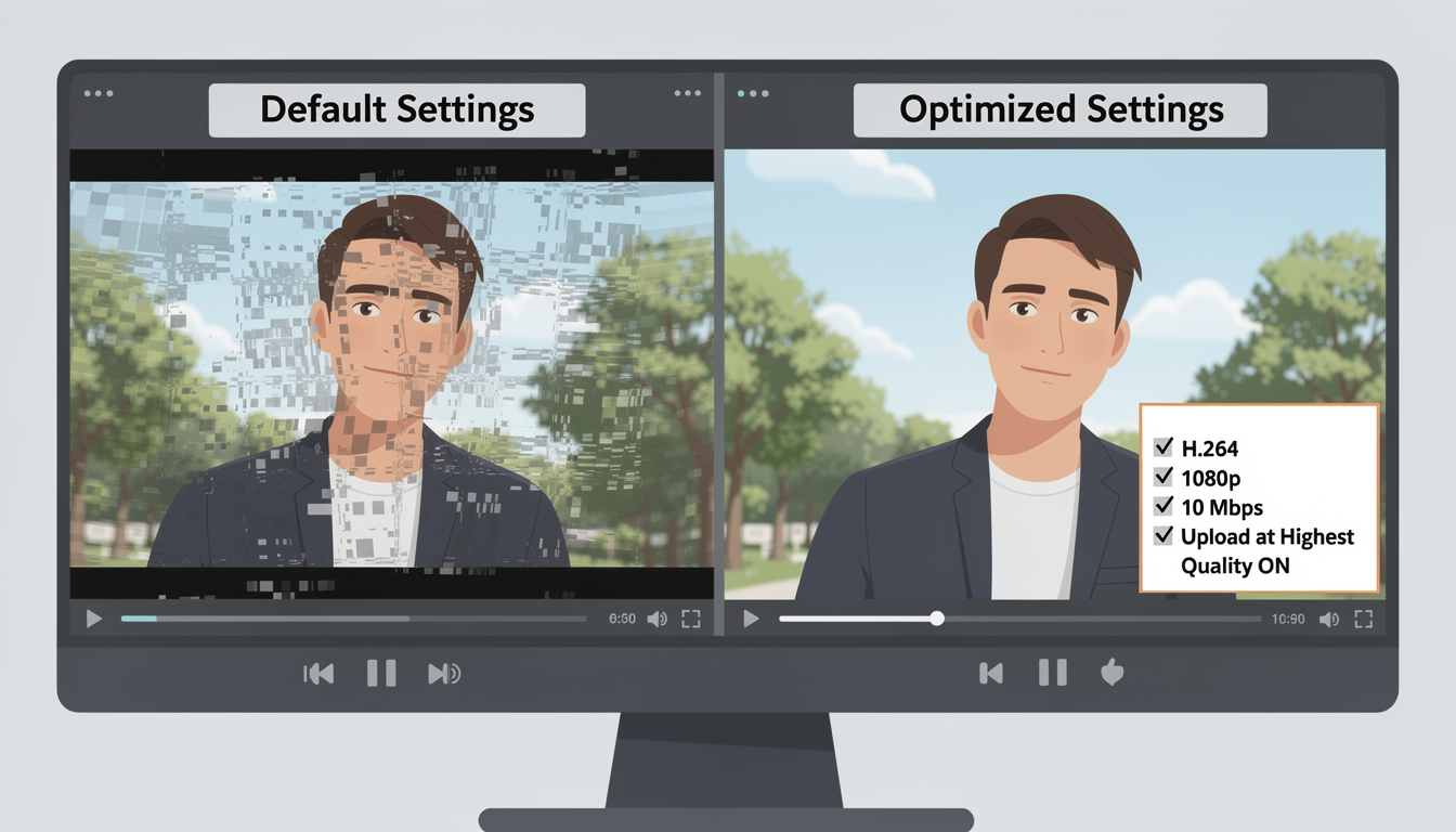 Side-by-side comparison showing a video uploaded with default settings versus one uploaded with optimized settings, highlighting the difference in clarity and compression artifacts.