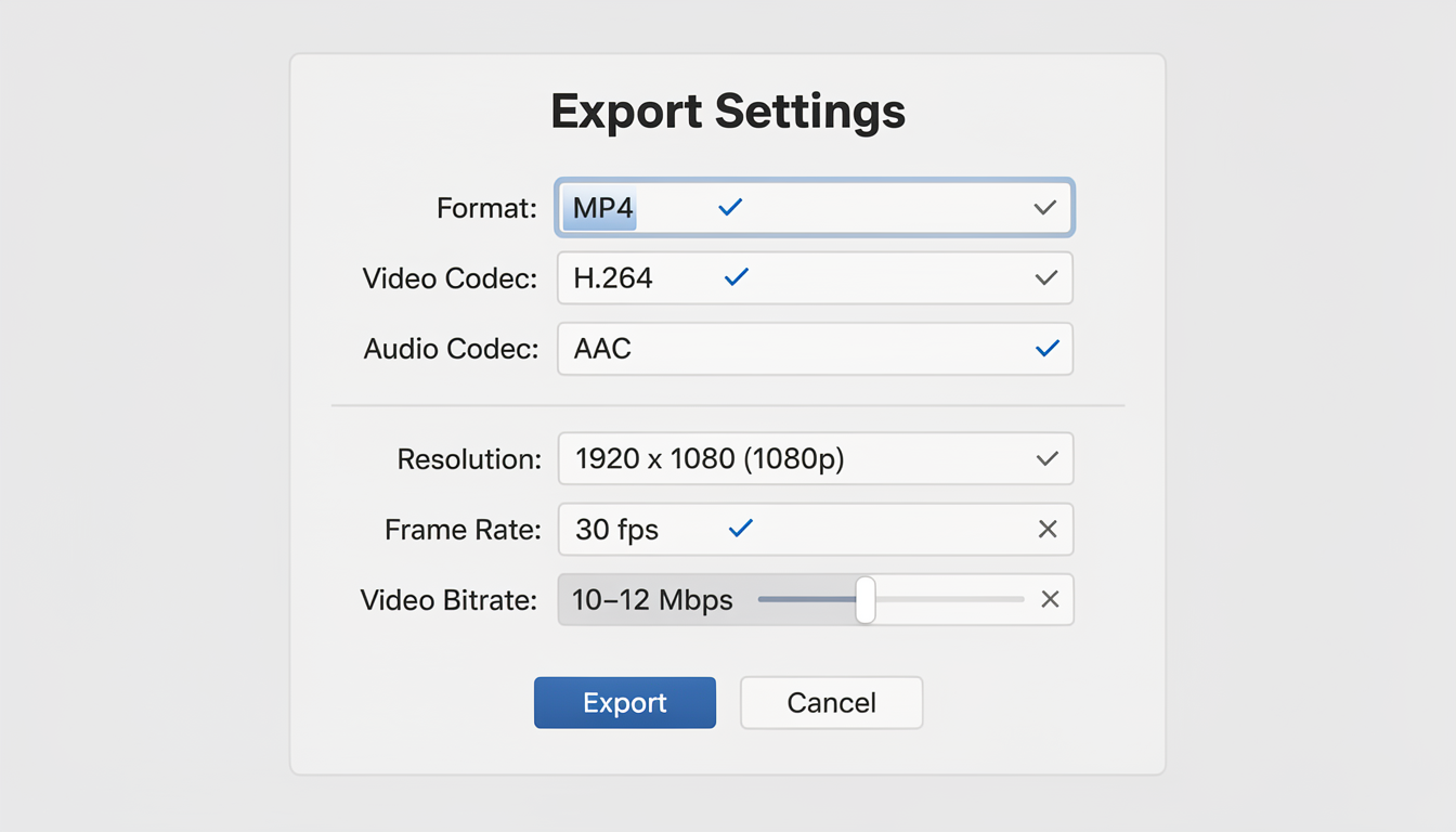 Technical specification reference card showing optimal export settings for Instagram video uploads — codec, resolution, frame rate, bitrate, and file size for each format.