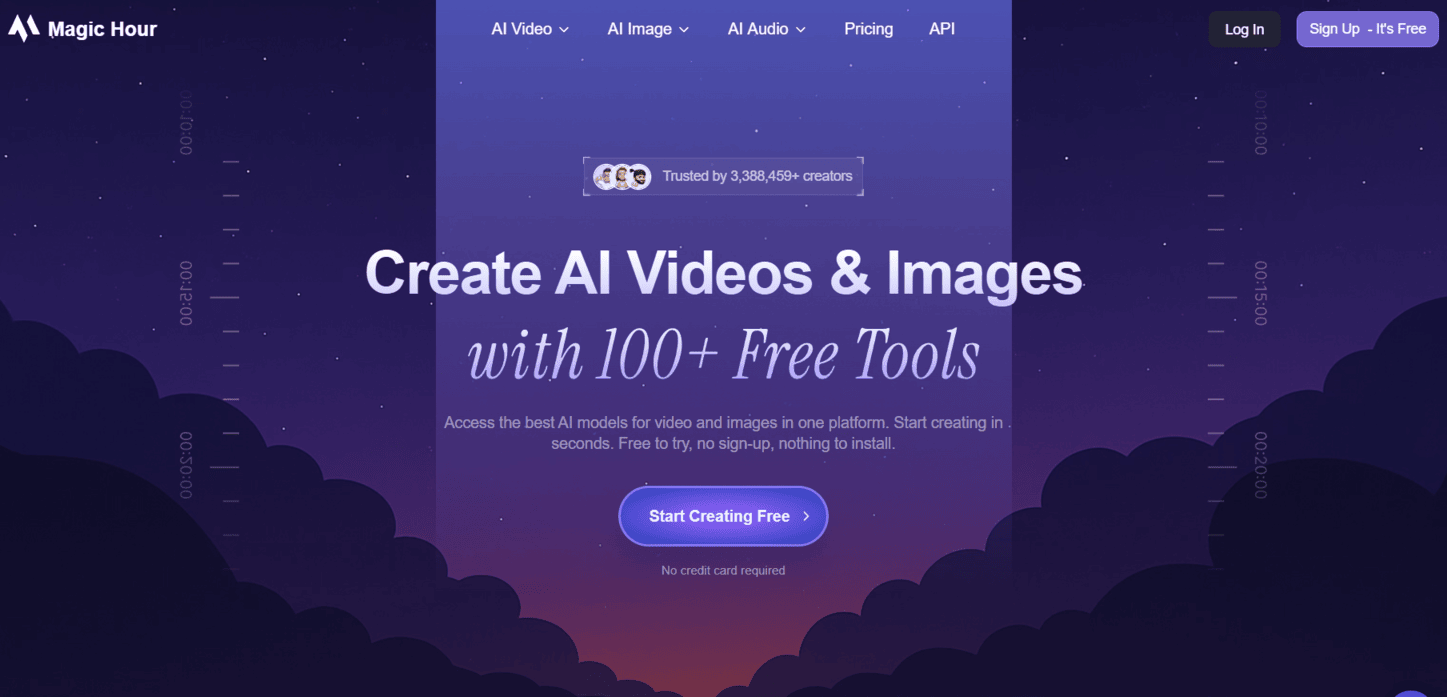 Magic Hour AI video and image generator homepage with 100+ free tools for creators and marketers