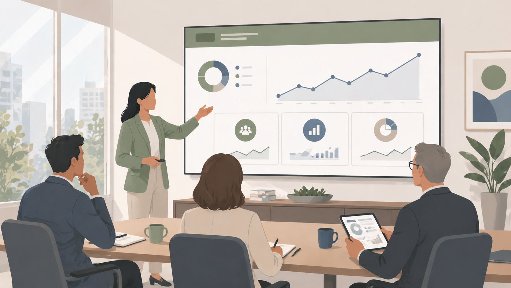 Marketing manager presenting a white-label social media report to a CMO and executive team