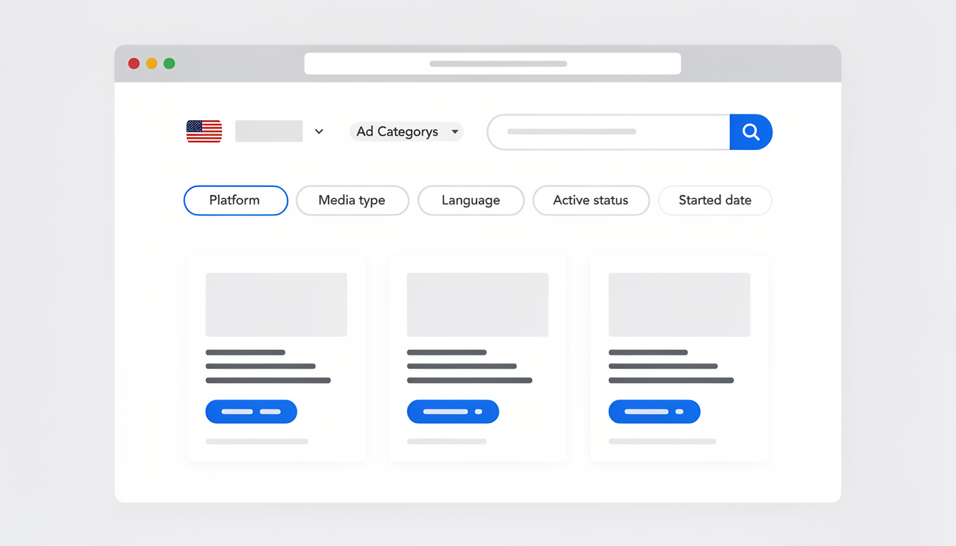 Meta Ads Library search interface showing the search bar, country selector, ad category dropdown, and filter options for researching competitor ads on Facebook and Instagram