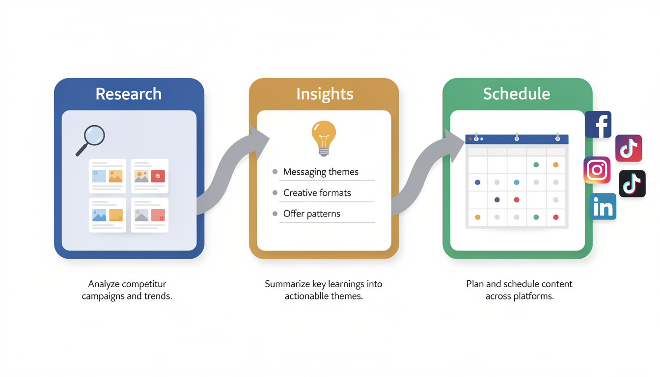 Workflow diagram showing how insights from Meta Ads Library flow into organic content creation — from competitor ad research to content themes to scheduled social media posts